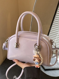 Women Stylish Shiny PU Leather Boston Bag Handbag With Artificial Pearl Doll Pendant Crossbody Shoulder Bag For Daily Fashion Commute