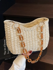 Women Straw Woven Shoulder Bag Beach Vacation Handbag With Amber Acrylic Chain Strap Bohemian Minimalist Summer Woven Bag