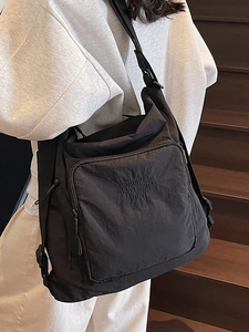 Large capacity black nylon tote bag with chic embroidery for casual city travel