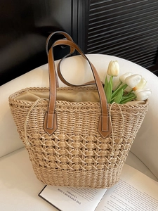 Large Capacity Straw Woven Tote Bag For Women Summer Beach Vacation Forest Style Shoulder Bag With Leather Handles