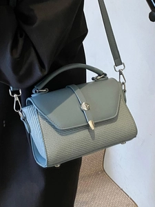Morandi blue crossbody handbag with woven texture panels and silver buckle for women