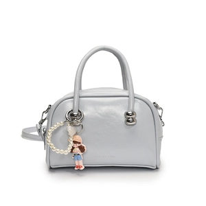 Minimalist light gray square handbag with a cute doll charm and pearl pendant detail