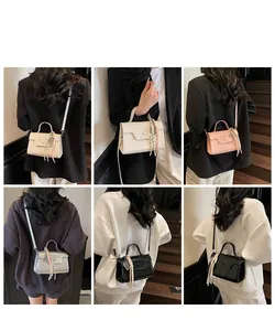 Collage of fashion crossbody bags showing handle detail and tassel charms in multiple colors