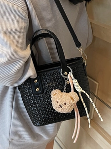 Fashion black woven bucket bag with cute bear pendant and adjustable crossbody strap
