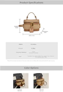 Size chart showing dimensions for straw PU crossbody box bag in cocoa and apricot