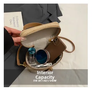 Detailed interior of woven bucket bag showing capacity for phone and cosmetics