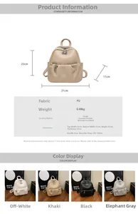 Detailed size chart and multi-color view of faux leather mini backpack for women