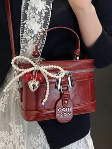 Retro burgundy vanity box bag with pearl bow and heart charms for women's crossbody wear