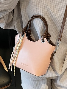 Sac seau en cuir PU rose avec poignées marron et pompon pour femmes de bureau