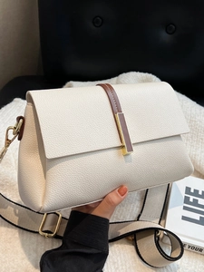 Womens Urban Simple PU Leather Shoulder Bag Litchi Pattern Crossbody Bag Wide Strap Golden Hardware Commuter Purse Bag