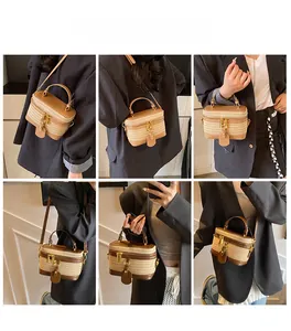 Detailed views of the retro woven PU leather box bag shown in various carrying styles