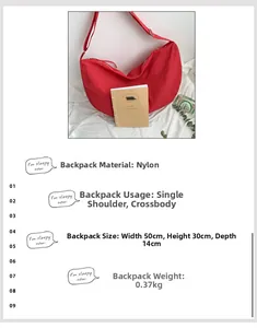 Detail view of red nylon crescent tote bag showing dimensions 50x30x14cm and features