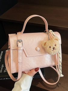 Korean Style Minimalist Small Square Flap Crossbody Bag For Women Trendy PU Leather Handbag With Bear Pendant Shoulder Bag