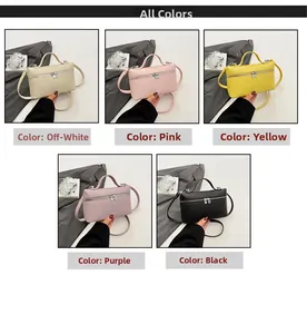 Collage of leather cross-body bags in five colors with top handles and silver zippers
