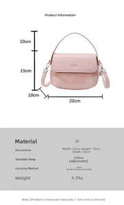 Detailed size chart for pink saddle bag: 22cm width, 15cm height, and 120cm strap length