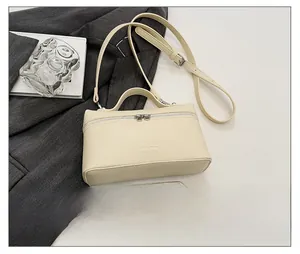 Detail view of beige lychee grain crossbody bag with dual zippers and size comparison