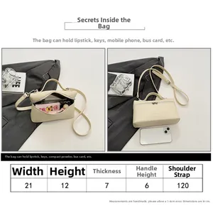 Detailed size chart showing dimensions for the square leather handbag with a handle