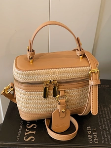 Women Vintage Straw Woven Box Bag Splicing PU Leather Top Handle Crossbody Handbag Summer Vacation Vanity Case Fashion Small Purse