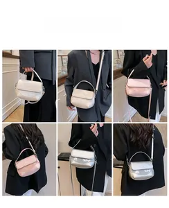 Collage of model wearing a stylish saddle bag in beige, pink, and silver metallic finishes