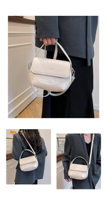 Detailed views of a cream faux leather saddle bag with silver hardware and shoulder strap