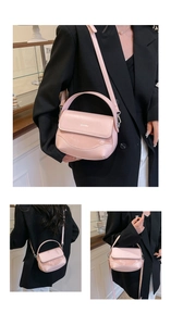 Close-up of pink PU leather saddle bag with ZHCNMA lettering and adjustable strap