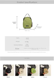 Detailed size specifications and color options for the lightweight nylon shoulder bag