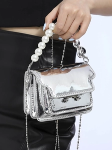 Silver mirror mini square bag with pearl handle and metal chain for stylish women