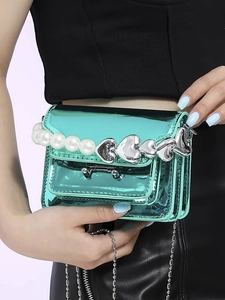 Mini mint green patent leather bag with pearl and heart chain handle for women