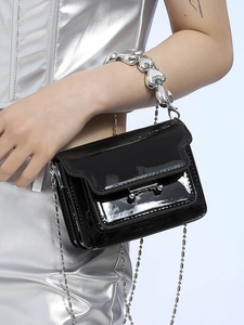 Chic black patent leather mini square bag with silver heart chain handle and crossbody strap