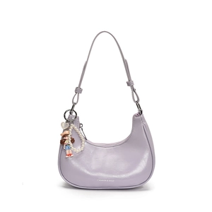 Chic lavender crescent hobo bag in glossy leather with decorative pearl pendant