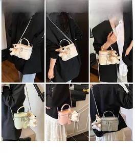Collage of chic textured box bags in multiple colors shown worn by a model