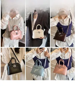 Collage of trapezoid oil-wax leather shell bags in six colors worn by a model