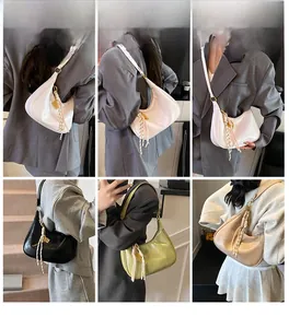 Collage of four shiny oil wax leather crescent bags in white, black, green, and beige