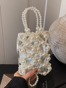 Damen Künstliche Perlen Umhängetasche Hohle Gewebte Handtasche Mit Satin Kordelzug Innenbeutel Elegante Abendparty Mini Eimertasche
