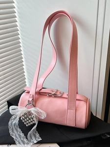 Sweet Korean PU Leather Cylindrical Underarm Bag For Women Lace Bow Heart Pendant Niche Shoulder Bag Baguette Handbag