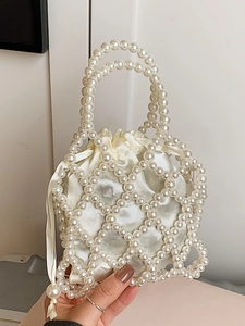 Sac Bandoulière en Perles Fait Main pour Femme Élégant Sac Seau en Perles Artificielles Ajouré Avec Cordon de Serrage Doublure en Satin