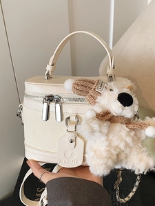 Women Fashion PU Leather Woven Box Bag Elegant Casual Crossbody Handbag With Plush Bear Pendant Metal Chain Spring Summer Bag