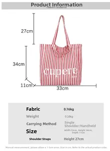Detailed size specifications of the red striped canvas tote bag with 33cm width