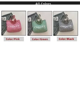 Vertical striped canvas tote bags displayed in pink, green, and black color options