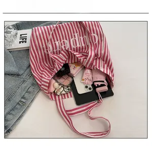 Detailed capacity view of pink striped canvas tote bag showing tablets and daily items