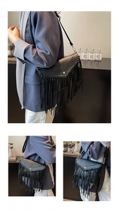 Details von handgewebten Kanten und langen Fransen an einer schwarzen Boho-Satteltasche
