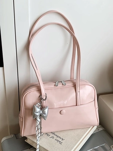 Korean Fashion PU Leather Boston Bag For Women Large Capacity Shoulder Bag With Silver Bow Heart Pendant Commuter Tote Bag