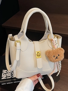 Women's Urban Minimalist PU Leather Bucket Bag Litchi Pattern Shoulder Crossbody Bag With Plush Bear Charm Handbag