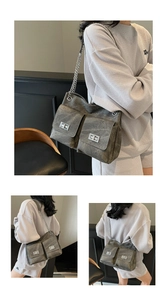 Vues multiples d'un sac cabas gris en cuir vintage avec bandoulière chaîne et poches