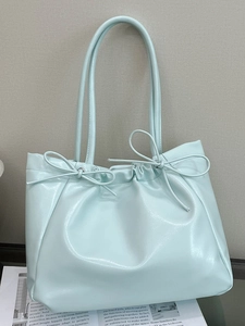 Simple PU Leather Shoulder Tote Bag For Women Bow Knot Pleated Design Large Capacity Glossy Casual Commuter Underarm Bag