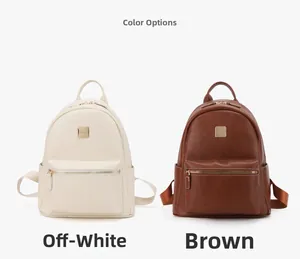 Front view of beige and brown retro PU leather backpacks with MKBV metal logo