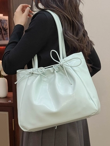 Minimalist soft PU leather mint green tote bag with bow drawstring for daily commute