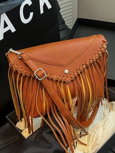 Women Retro Bohemian PU Leather Crossbody Bag With Long Fringe Tassel Woven Details Envelope Flap Messenger Bag Ethnic Style