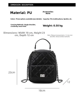 Detailed view of quilted black PU leather backpack showing precise size dimensions and metal chain