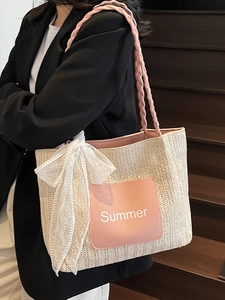 Sweet woven straw tote bag in cream and pink with Summer print and lace bow detail